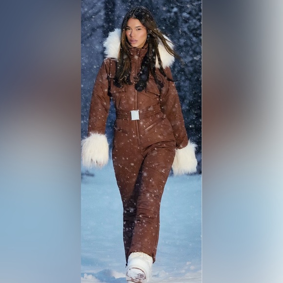 PrettyLittleThing Ski Brown Faux Fur Trim Belted Snow Suit – XXL (UK16/US12) - Picture 1 of 11